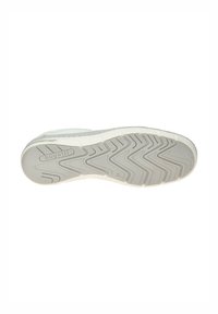 Weiße Sneaker-Sohle mit einem Zickzack-Profil, einer strukturierten Oberfläche und dem eingravierten Markennamen "bugatti" in der Nähe der Ferse. Größe 42 angegeben.