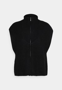 Top sans manches en tricot noir avec col montant, fermeture éclair à l'avant, texture côtelée et panneau triangulaire sur l'avant et l'arrière.