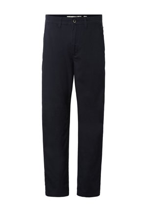 Zwarte rechte herenbroek met knoop aan de voorkant, ritssluiting en riemlussen, op een witte achtergrond.