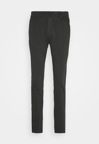 Slim-fit byxor gjorda av en mörkgrå tyg med en slät textur, med en knappknäppning framtill och minimala detaljer.