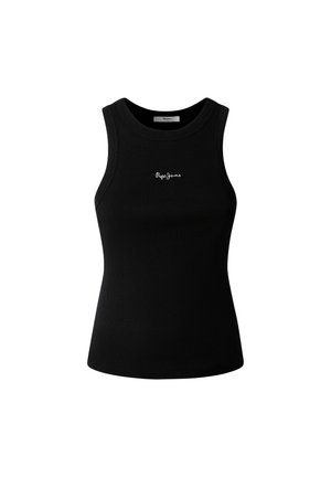 Sort ribbet topp med rund hals og slim fit, med en hvit logo brodert på venstre bryst.