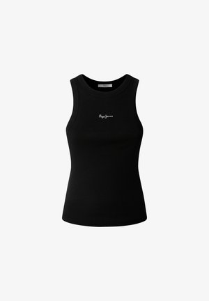 Juodas raukinis marškinėliai be rankovių su apvalia iškirpte ir liekna siluetu, su balta logo išsiuvinėta ant kairiojo krūtinės.