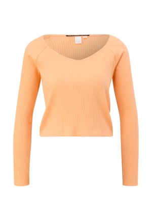 Geribbelde, lange mouw top in lichtoranje met een brede, ronde halslijn. Heeft een cropped snit en een gladde stoftextuur.