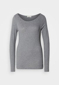 Harmaa pitkähihaisen naisten paita, jossa on avara kaula-aukko, slim fit -malli ja pehmeä, kevyt materiaali, esitettynä yksinkertaista valkoista taustaa vasten.