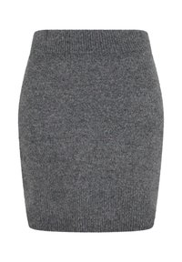 Grå strikket mini nederdel med ribbet livlinje. Blød tekstur, tætsiddende pasform og ingen synlige mønstre eller accenter.