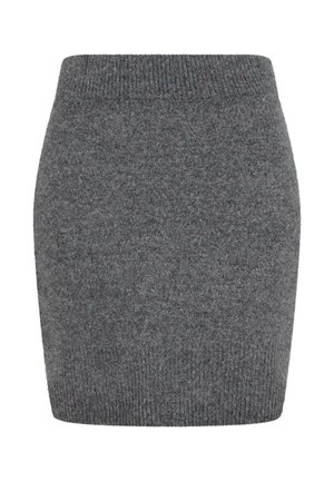 Szara dzianinowa mini spódnica z prążkowanym pasem. Miękka tekstura, dopasowany krój oraz brak widocznych wzorów i akcentów.