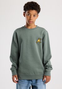 Sudadera verde oliva hecha de tela suave, presenta un pequeño diseño bordado amarillo en el pecho, con mangas largas y un cuello redondo.