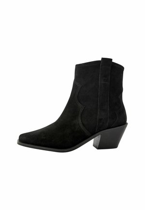 Botas de tobillo de ante negro con punta afilada y tacón apilado. Presentan costuras laterales y una asa para facilitar su colocación.