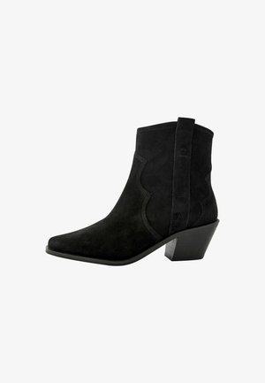 Stivaletti neri in suede con punta affusolata e tacco a blocco. Presentano cuciture laterali e un'altra linguetta per facilitare l'indossamento.