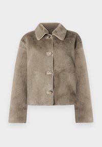 Veste courte en fausse fourrure taupe avec un col, cinq boutons et des manches longues. Texture douce, design court, sans motifs ni accents visibles.