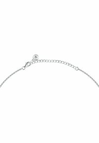 Collana in argento con chiusura a gancio, caratterizzata da un design delicato e un piccolo etichetta circolare con un simbolo di foglia vicino alla chiusura.