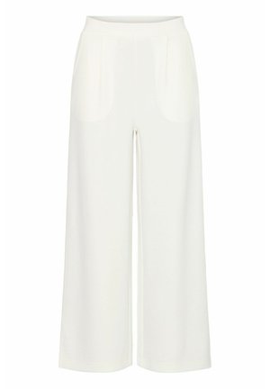 Weißes, weites Hosenbein mit glatter Textur, ausgestattet mit Vorderaschen und einem flachen Bund. Minimalistisches Design mit klaren Linien.