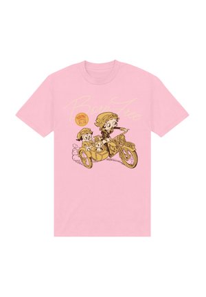 Lyserød bomulds t-shirt med grafik af to figurer på en cykel med en sidevogn, omridset i guld, med teksten "Born Free" ovenover.