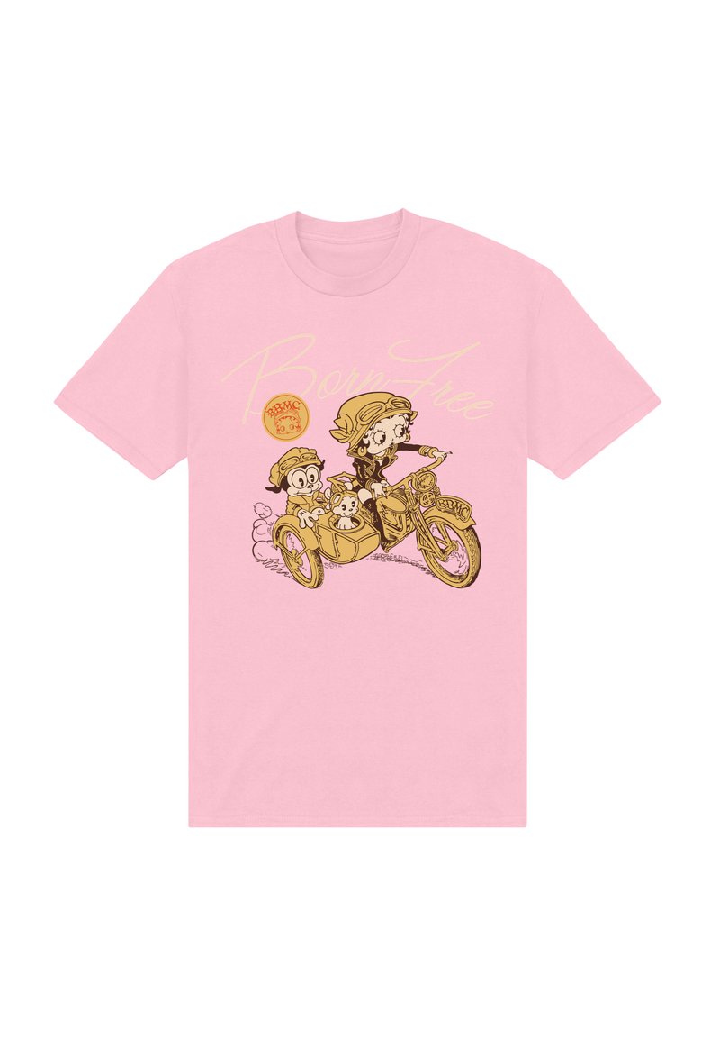 Rosa Baumwoll-T-Shirt mit einem Grafikdesign von zwei Charakteren auf einem Fahrrad mit Beiwagen, umrandet in Gold mit dem Text "Born Free" darüber.