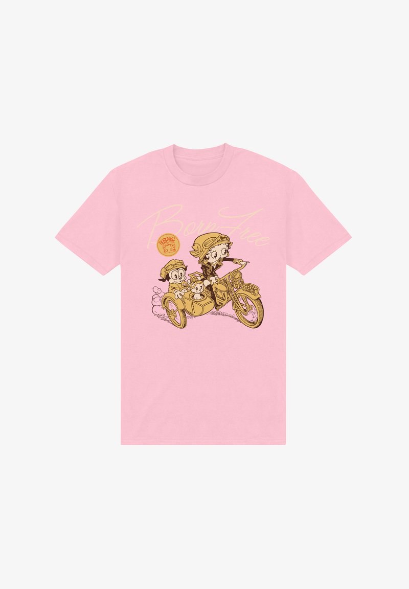 Rosa Baumwoll-T-Shirt mit einem Grafikdesign von zwei Charakteren auf einem Fahrrad mit Beiwagen, umrandet in Gold mit dem Text "Born Free" darüber.