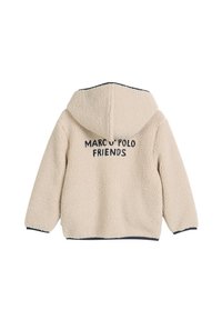 Beige fleece hoodie met een getextureerd oppervlak, voorzien van een logo "MARCU O' POLO FRIENDS" op de achterkant en een contrasterende marineblauwe bies.