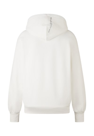 Biały sweatshirt z kapturem, z długimi rękawami i ściśniętymi mankietami, z małym pionowym napisem na tyle kaptura.