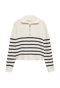 Crème en marine gestreepte trui met een kwart-rits kraag, gebreide textuur en cropped zoom. Heeft lange mouwen en een relaxte pasvorm.