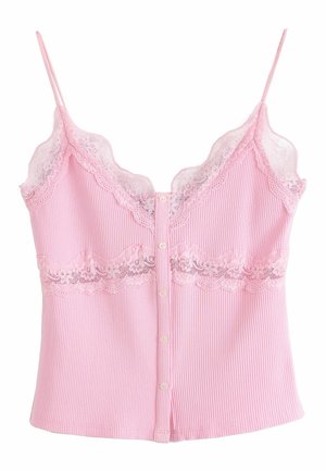 Maiou roz cu dungi, cu bretele subțiri, nasturi în față și dantelă de-a lungul decolteului și în zona mijlocului.