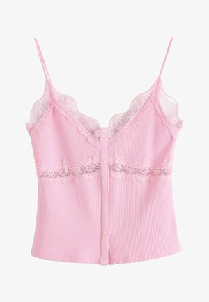Lyserød ribbet camisole med tynde stropper, knapper foran og blondekant langs udskæringen og midten.