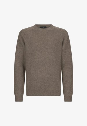 Barna bordázott kötött pulóver kerek nyakkal, hosszú ujjakkal és texturált felülettel. Egyenes szabású, minimalista dizájnnal rendelkezik.