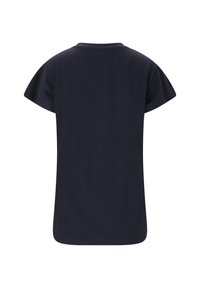 Mörkblå bomullströja med korta ärmar, rund halsringning och rak nederkant. Enkel design, inga mönster eller ytterligare detaljer.