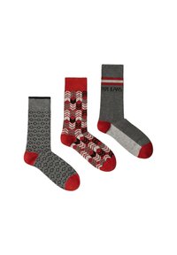 Tre paia di calze fino al polpaccio in tonalità grigio e rosso: due con motivi geometrici e una con il logo Pepe Jeans e righe.