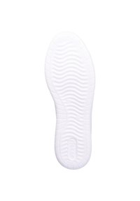 Semelle de sneaker blanche avec un motif texturé et ondulé. Présente un léger bord arrondi et un détail de marque. Matériau en caoutchouc lisse. Taille indiquée comme 37.