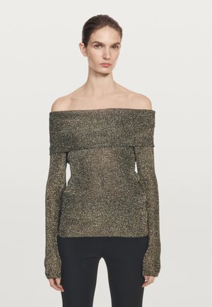 Schulterfreier Pullover aus strukturiertem schwarz-goldenem Strick mit langen Ärmeln und figurbetontem Schnitt. Glatte Oberfläche mit metallischem Schimmer.