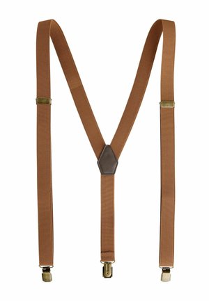 Bruine elastische bretels met drie metalen klemmen en een leren patch in het midden aan de achterkant die een Y-vorm vormen.