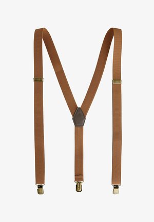 Bretele elastice maro cu trei cleme metalice și o pată de piele în partea centrală din spate, formând o formă de Y.