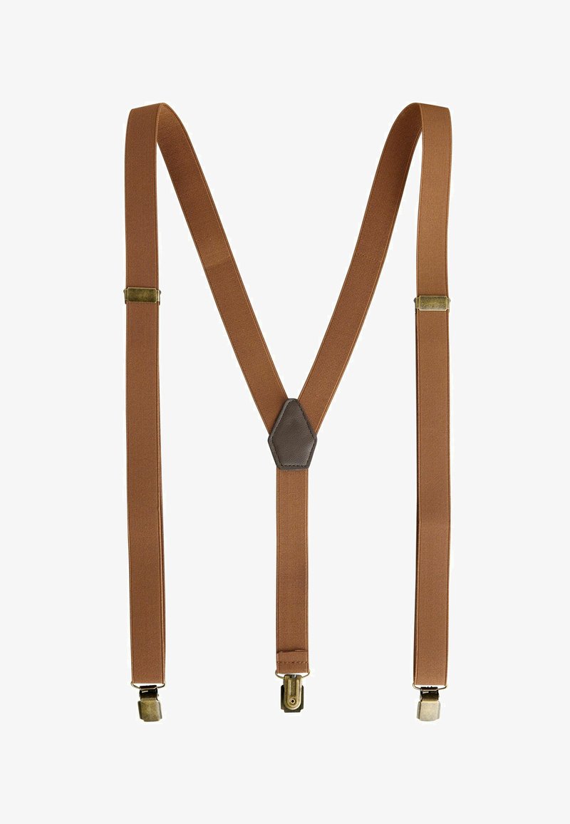 Bretele elastice maro cu trei cleme metalice și o pată de piele în partea centrală din spate, formând o formă de Y.