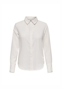 Camicia bianca a maniche lunghe con colletto e chiusura frontale a bottoni. Tessuto liscio con una leggera lucentezza e orlo arrotondato.
