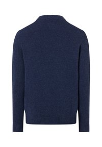 Granatowy, dziergany sweter z okrągłym dekoltem i długimi rękawami. Posiada prążkowane mankiety i dół dla lepszego dopasowania. Gładka faktura, casualowy design.