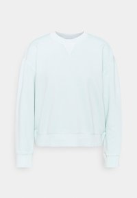 Jasnoniebieska bluza z miękkiego materiału. Posiada okrągły dekolt, długie rękawy oraz ściągacze na mankietach, o luźnym kroju i minimalnych detalach.