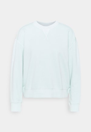 Jasnoniebieska bluza z miękkiego materiału. Posiada okrągły dekolt, długie rękawy oraz ściągacze na mankietach, o luźnym kroju i minimalnych detalach.