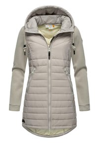 Veste isolante gris clair avec capuche, dotée d'un rembourrage matelassé, de deux poches zippées sur les côtés et de manches en tricot contrastantes. Cordons de serrage réglables.