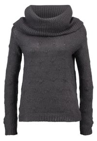 Gestrickter Pullover in Dunkelgrau mit Kapuze. Verfügt über eine gerippte Textur und subtile erhabene Muster. Lange Ärmel und entspannte Passform.