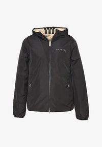 Giacca nera con cappuccio, chiusura frontale a zip, tasche laterali con bottoni e fodera interna crema con strisce nere, marchiata "Richmond".