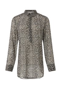 Blouse à manches longues imprimé léopard avec col boutonné, tissu transparent et ourlet légèrement arrondi. Couleurs : beige, noir et marron.