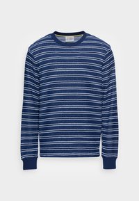 Granatowy sweter w paski z białymi poziomymi paskami, wykonany z teksturowanej tkaniny. Posiada okrągły dekolt i ściągacze na mankietach.