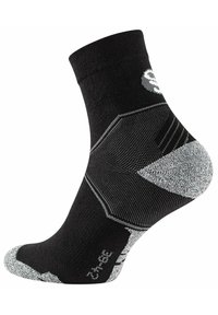 Chaussette de sport noire avec un motif gris, talon texturé et hauteur jusqu'à la cheville. Comprend des zones de renfort aux orteils et au talon pour plus de durabilité.