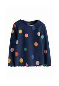 Camiseta infantil de manga larga azul marino con grandes lunares multicolores en naranja, amarillo, verde, rosa y azul.