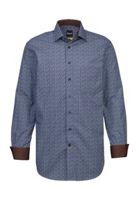 Camicia a maniche lunghe con bottoni in tessuto blu con un motivo floreale, polsini marroni e colletto. Presenta bottoni marroni e un orlo curvo.