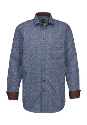 Langärmliges Hemd mit Knöpfen aus blauer Baumwolle mit floralem Muster, braunen Manschetten und einem Kragen. Verfügt über braune Knöpfe und einen abgerundeten Saum.