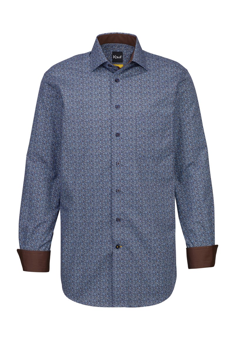 Camicia a maniche lunghe con bottoni in tessuto blu con un motivo floreale, polsini marroni e colletto. Presenta bottoni marroni e un orlo curvo.