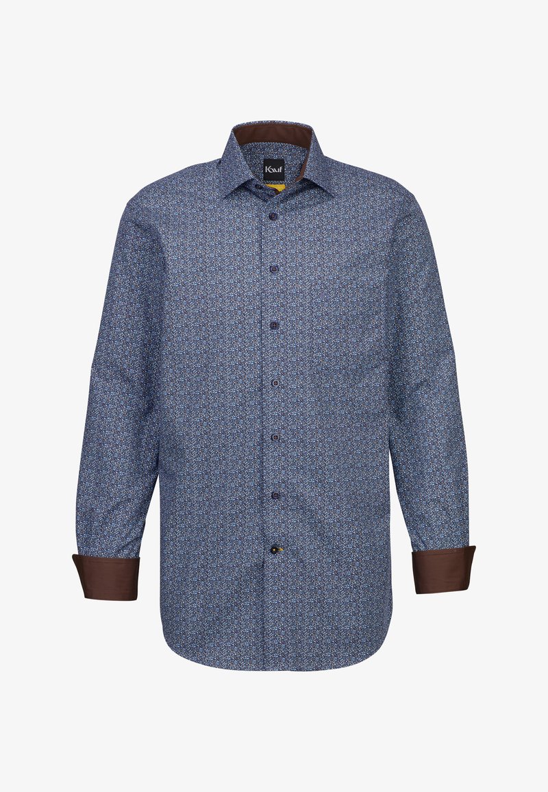 Camicia a maniche lunghe con bottoni in tessuto blu con un motivo floreale, polsini marroni e colletto. Presenta bottoni marroni e un orlo curvo.
