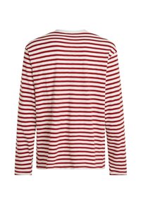 Punaste ja valgete triipudega pikkade varrukatega särk, millel on ümmargune kaelus ja lõdvestunud lõige. Pehme kangas ühtlaste triipudega, lisadeta.