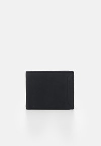 Portefeuille en cuir noir de forme rectangulaire, avec des bords cousus et une texture lisse. Design minimaliste, sans matériel ou motifs visibles.
