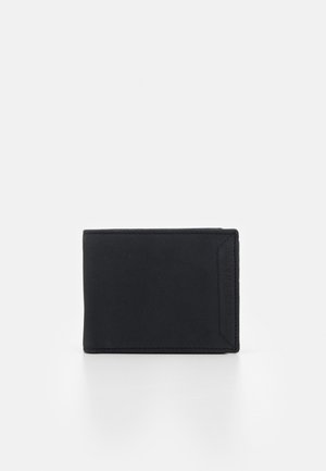 Portafoglio in pelle nera di forma rettangolare, con bordi cuciti e una superficie liscia. Design minimalista, senza elementi hardware o motivi visibili.